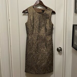 Ann Taylor gold metallic brocade sheath dress. Petite 6. Cocktail, party.